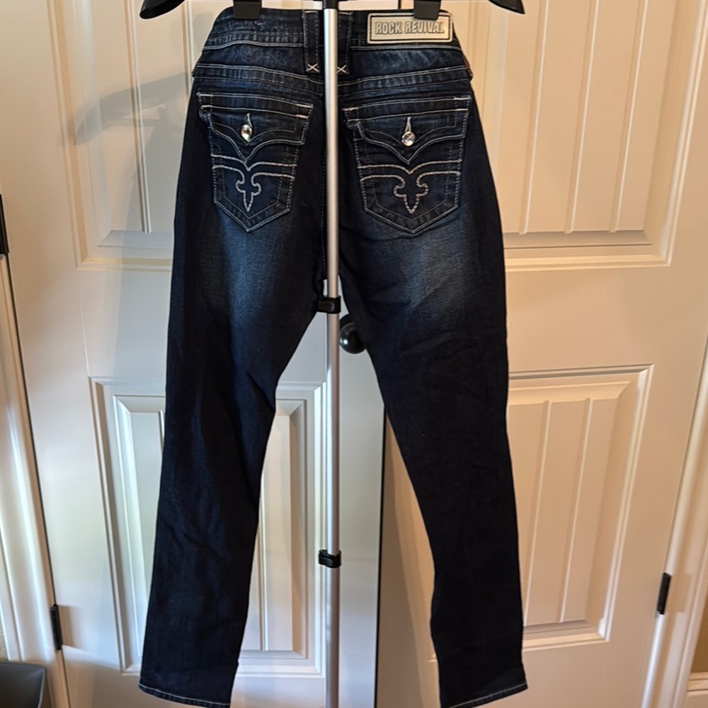 Rock Revival Blue Straight Leg Jeans with Distressed Look - Picture 4 of 5